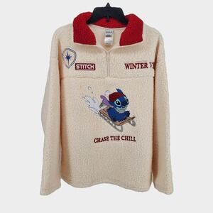 Disney Stitch‎ Womens L Sherpa Quarter Zip Pullover Off White Winter Vibes New